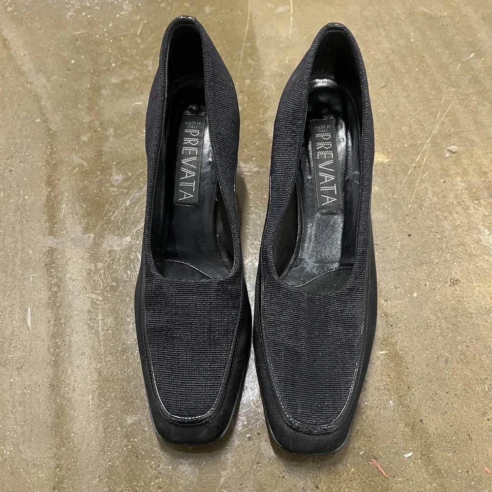 Prevata Black Fabric Square Toe Block Heel Pumps Made in‎ Italy Women's Size 6